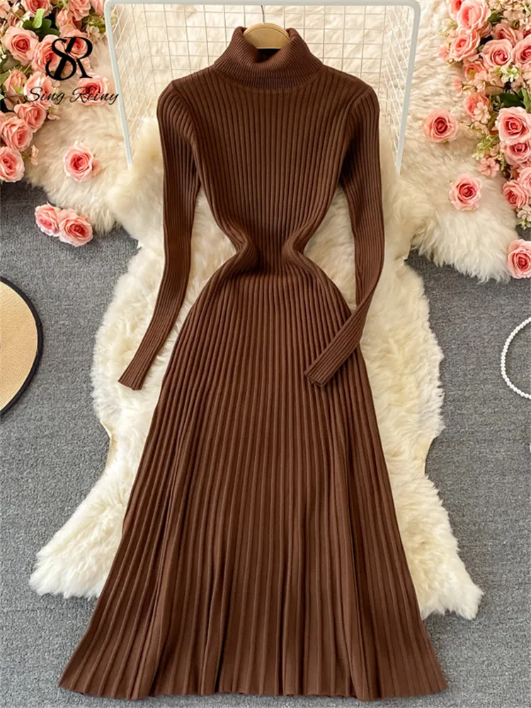 Casual Dresses SINGREINY Women Pleated Knitted Turtleneck Long Sleeve Elastic Slim Pencil Autumn Winter Sexy Bodycon Sweater 230309