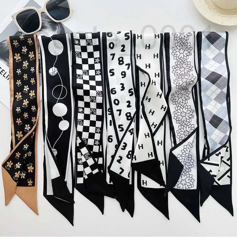 Cravat designer Black small fragrant wind silk scarf women thin narrow strip printed ribbon hair band spring summer and autumn imitation 41ZK