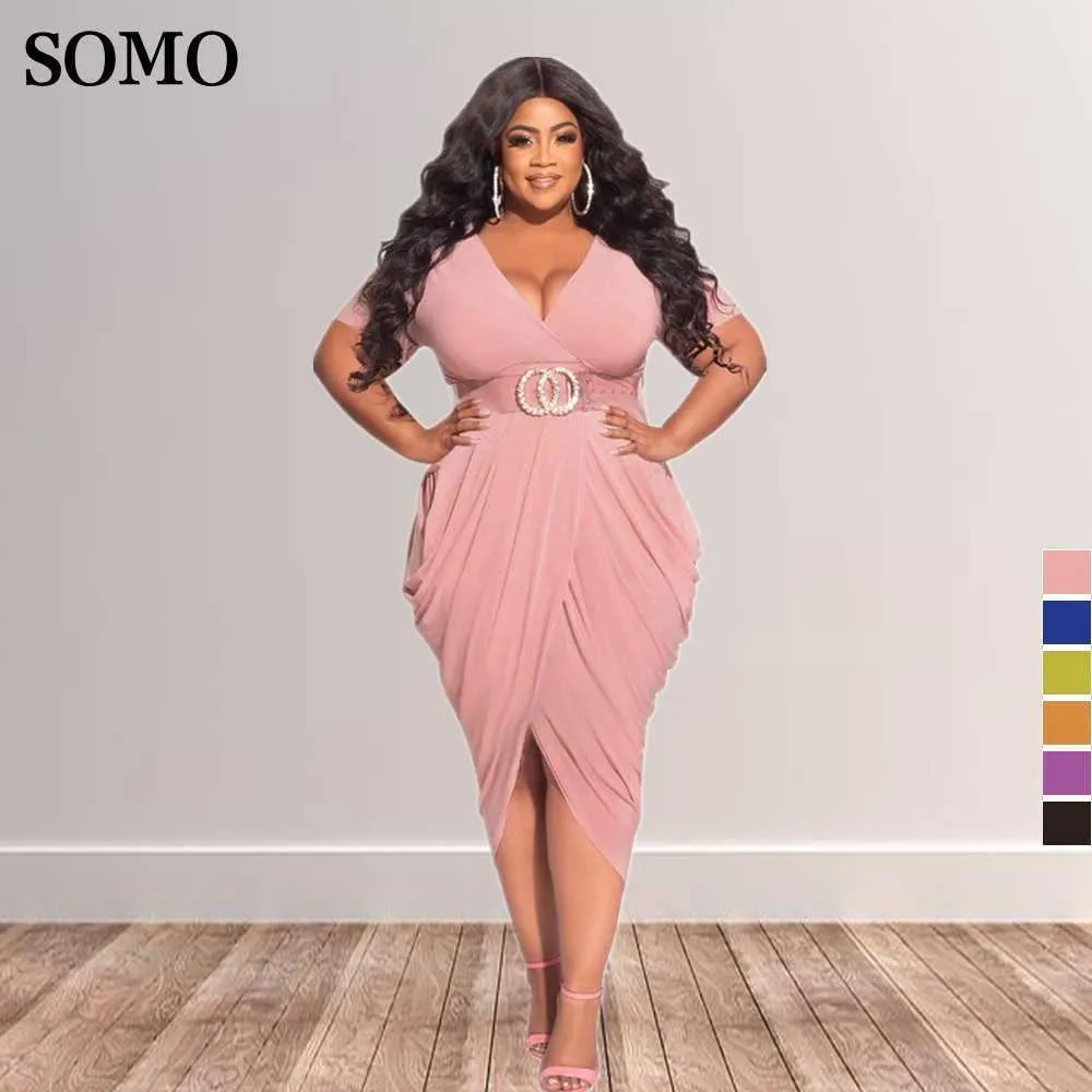 Plus Size Kleider Trendy Frauen Sexy Tiefem V-Ausschnitt Dünnes Kleid Kleidung Midi Länge Elegant Plissee Solide Großhandel Dropshipping 230307