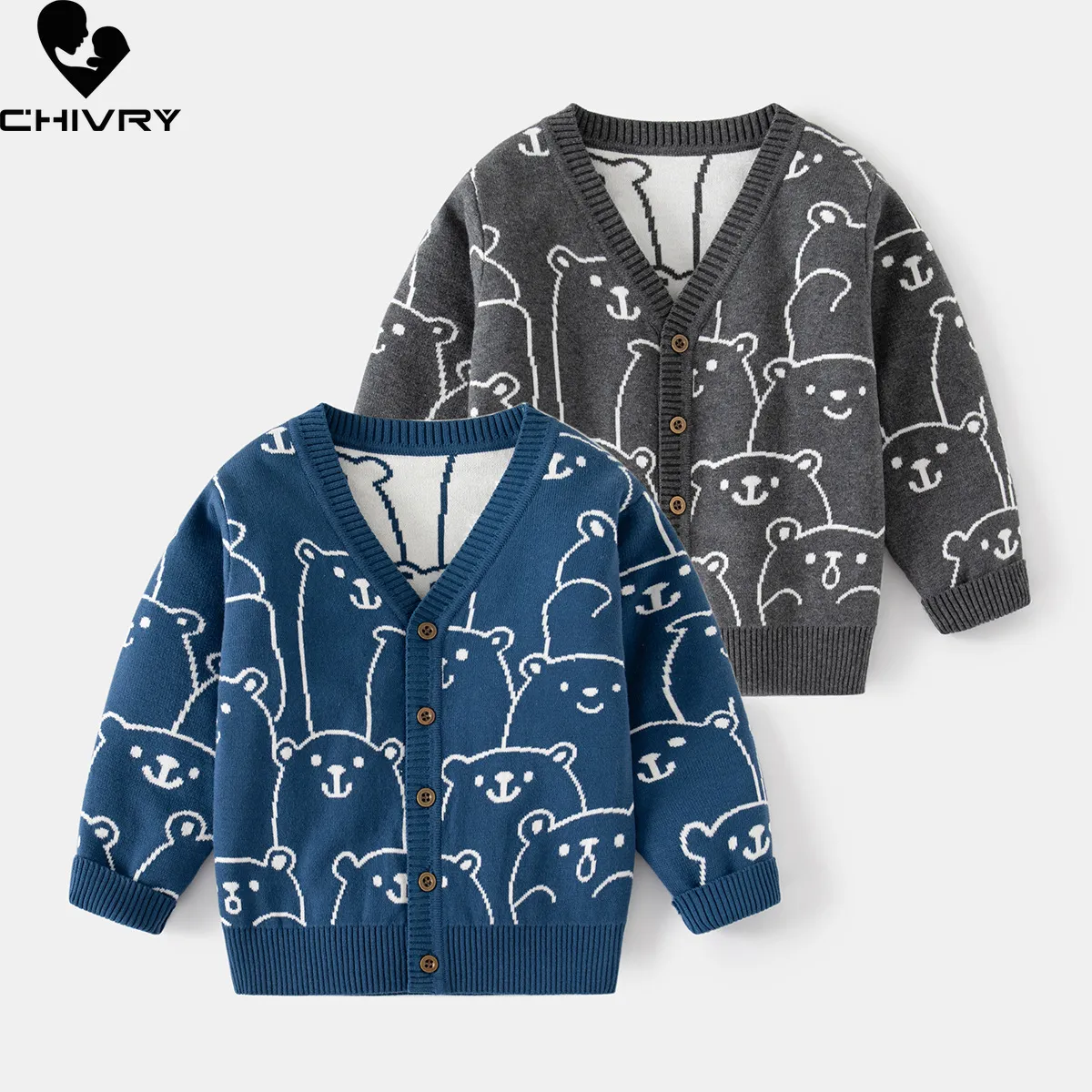 Cardigan Autumn Winter Kids s Sweater Baby Boys Cartoon Bear Jacquard Singlebreasted V neck Knit Sweaters Coat Clothing 230310