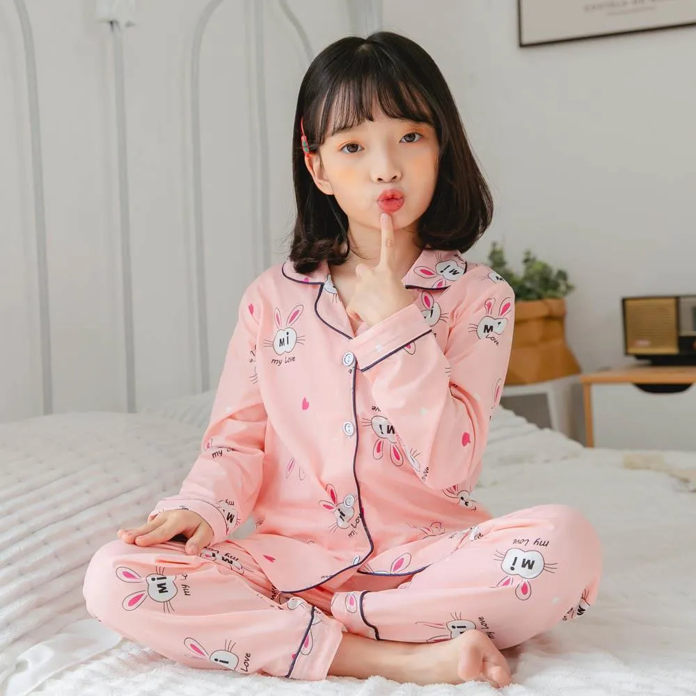 Piżama 2-12 lat dziewczyny maluch pajama zestaw wiosna jesień chłopiec pajama zestaw różowy królik nadruku dzieci piżamę