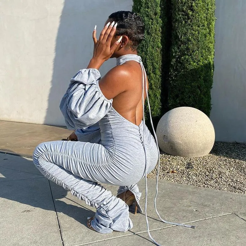 Women's Jumpsuits & Rompers Sexy Women Bodysuit Club Backless Off Shoulder Tops Stacked Sweatpants Leggings Trousers Joggers Flare Pleated P