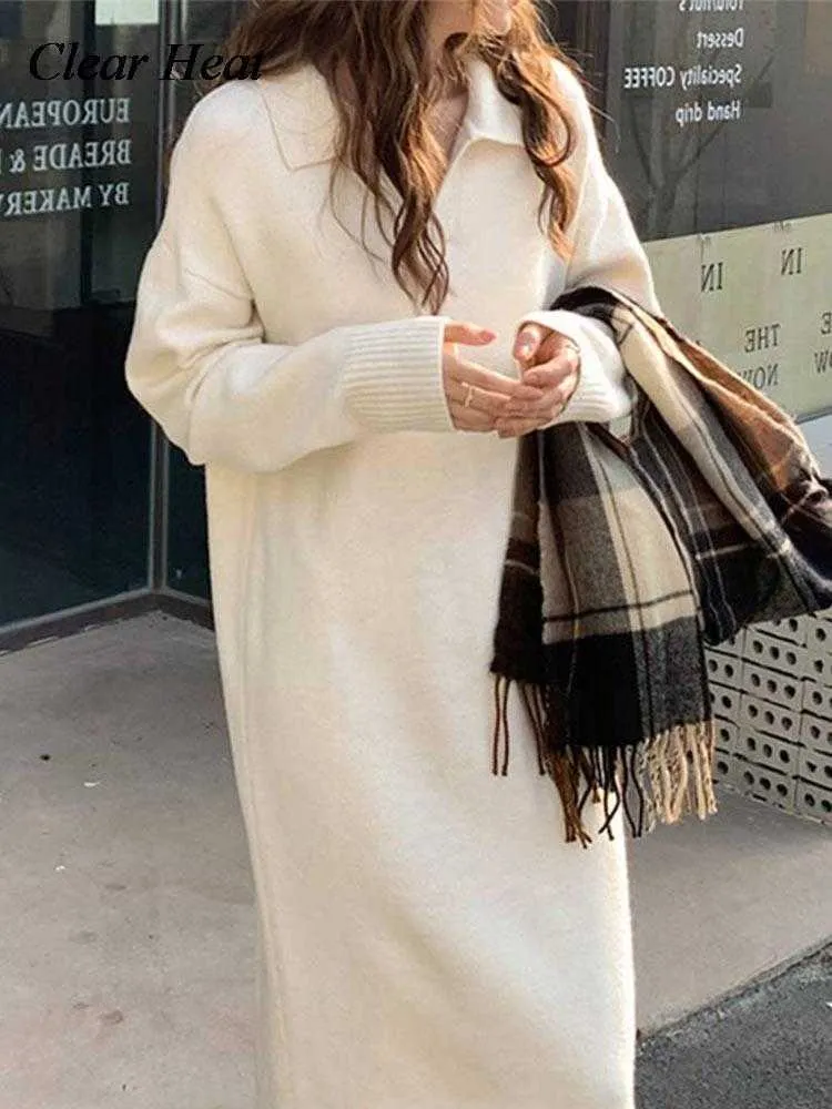 Casual jurken Women Fashion Polo Neck Knaked Oversized Long Sleeve Sweater 2022 Vrouwelijke elegante gebreide streetwear -kleding Y2302