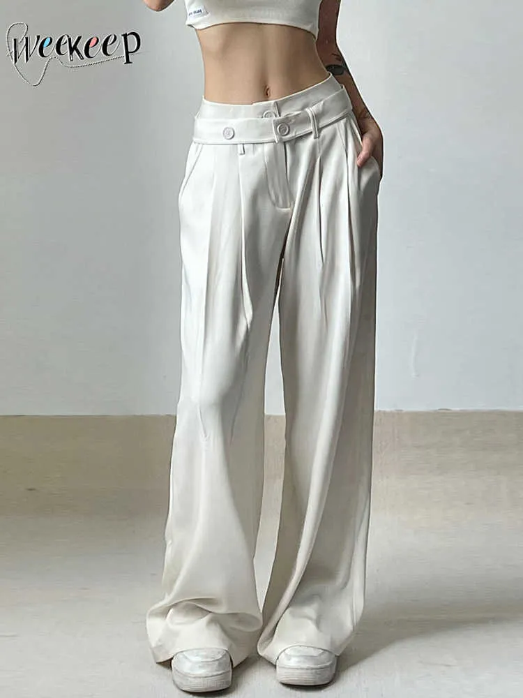 여성용 바지 Capris Weekeep White Wide Leg Suit Pants Y2K 스트리트웨어 헐렁한 버튼 벨트 저가화물 바지 사무실 여성 패션 캐주얼 솔리드 카프리 L230310