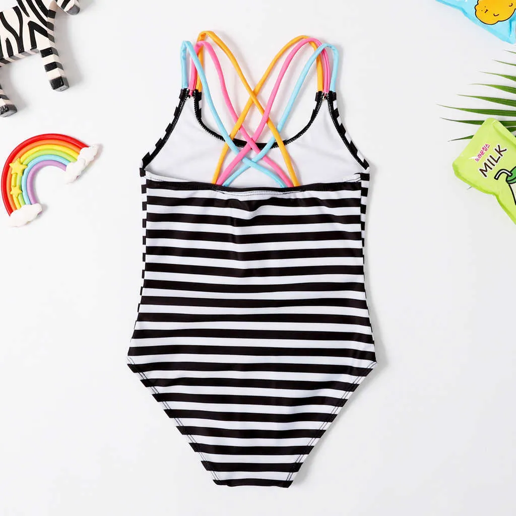 One-Pieces Bandage Halter Swimsuit Children Baby Girl One-Piece Striped Ice Quick-Drying Stretch Swimsuit Vacation Hot Beach