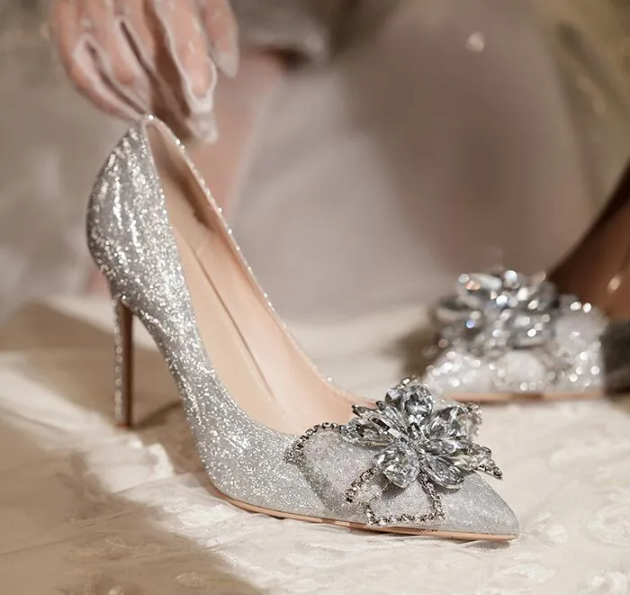 Designer Women Crystal Wedding Stiletto Shoes Luxury Royal Style Hight Heel Silver Wedding Shoes For Bride Pumps Wedding Party Prom Shoes