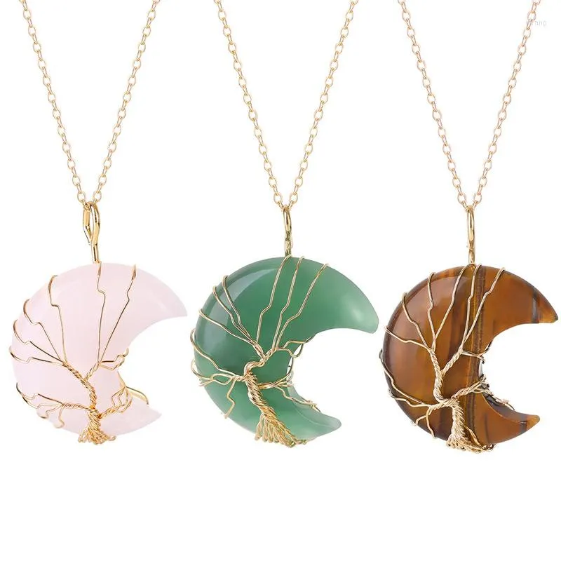 Pendentif Colliers 2023 Naturel Améthystes Cristal Lune Croissant Forme Fil Wrap Arbre Opale Réel Rose Quartzs Collier Pierre De Guérison Bijoux