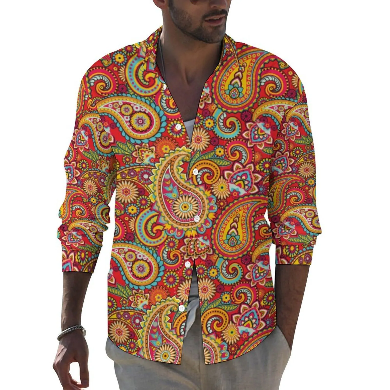 Men s Casual Shirts Retro Paisley Print Shirt Trippy Hippy Long Sleeve Design Y2K Blouses Spring Loose Oversized Tops 230309