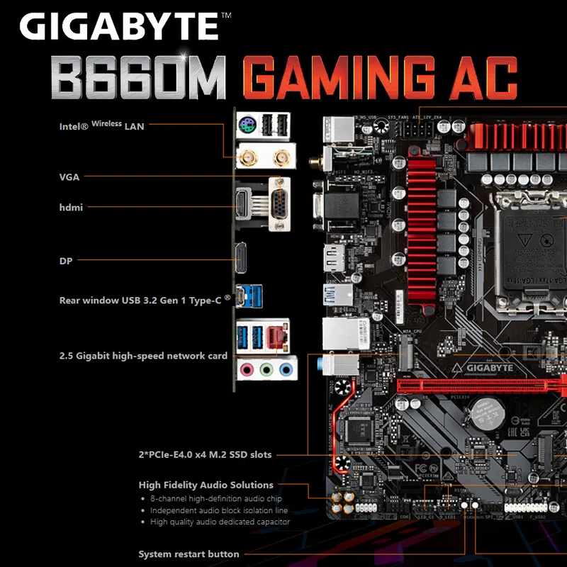 Gigabyte B660M GAMING AC DDR5 Prise en charge de la carte mère D5 128 Go LGA 1700 Intel Core 12th Gen CPU PCIe 4.0 M.2 USB 3.2 Placa Me Nouveau