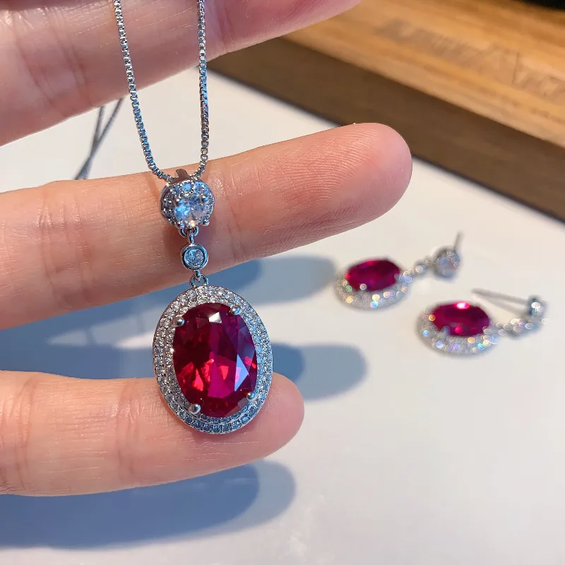 Ensemble de bijoux en diamant rubis ovale fait à la main 925 bagues de fiançailles en argent Sterling boucles d'oreilles collier pour femmes bijoux de promesse