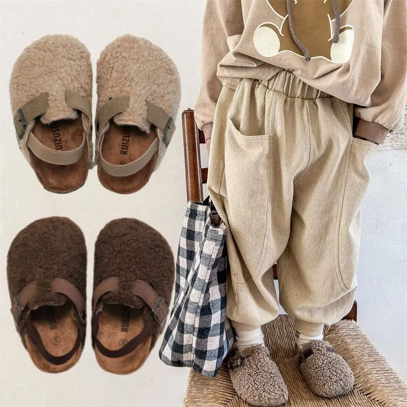 Zapatilla de lana para niños, zuecos elásticos, zapatillas de felpa para bebés, niños y niñas, calzado para niños pequeños, zapatos de suela blanda cálidos para invierno 230309