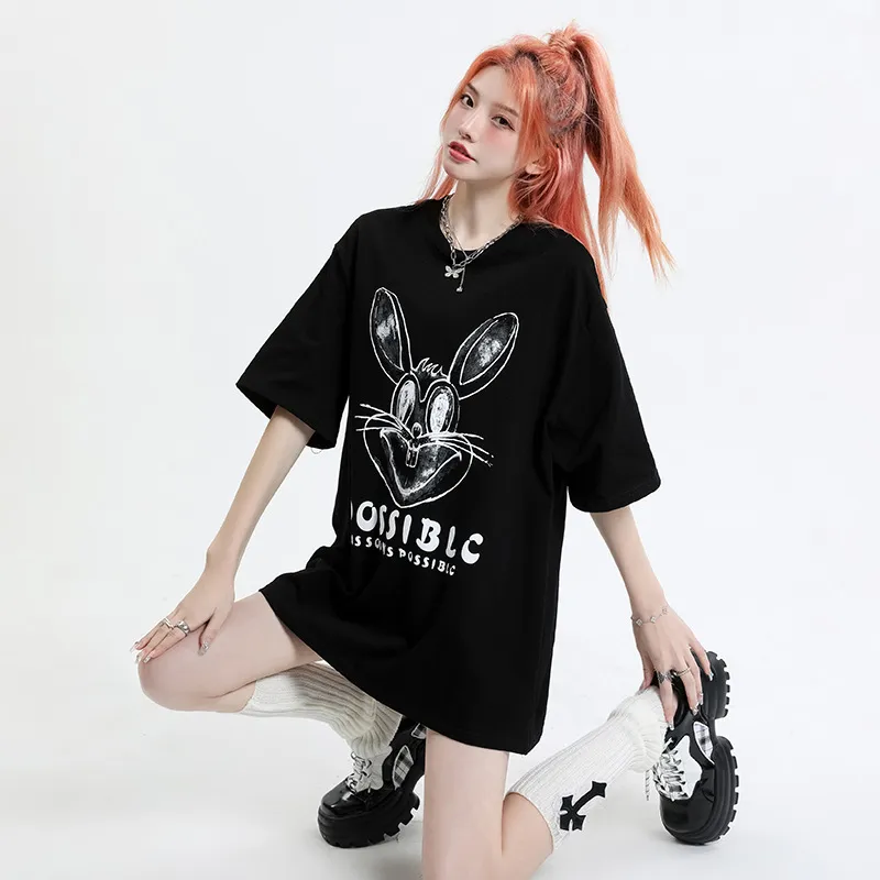 Bomull China-Chic Little Rabbit Loose Short Sleeve T-Shirt Women's 2023 Summer New Unisex Street Round Neck Top