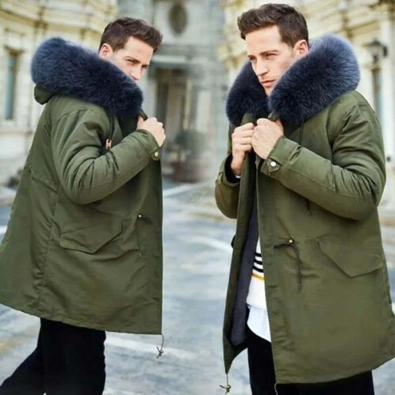 Men's Down Mens Fur Collar Hooded Warm Lined Mid Long Parka Winter Coats Army Outwear Thick Detachable Fleece Liner 2023