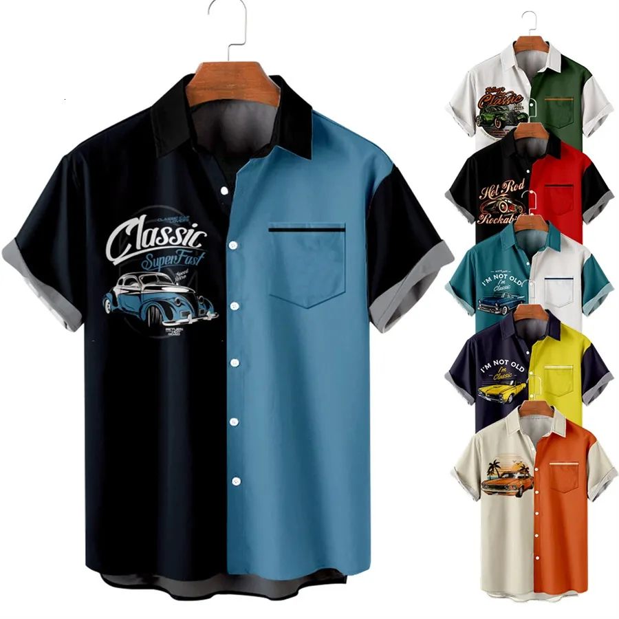 Camisas casuales para hombres para hombre Retro Racing Solapa suelta Pecho Bolsillo Manga corta Funky Hawaiian 230309