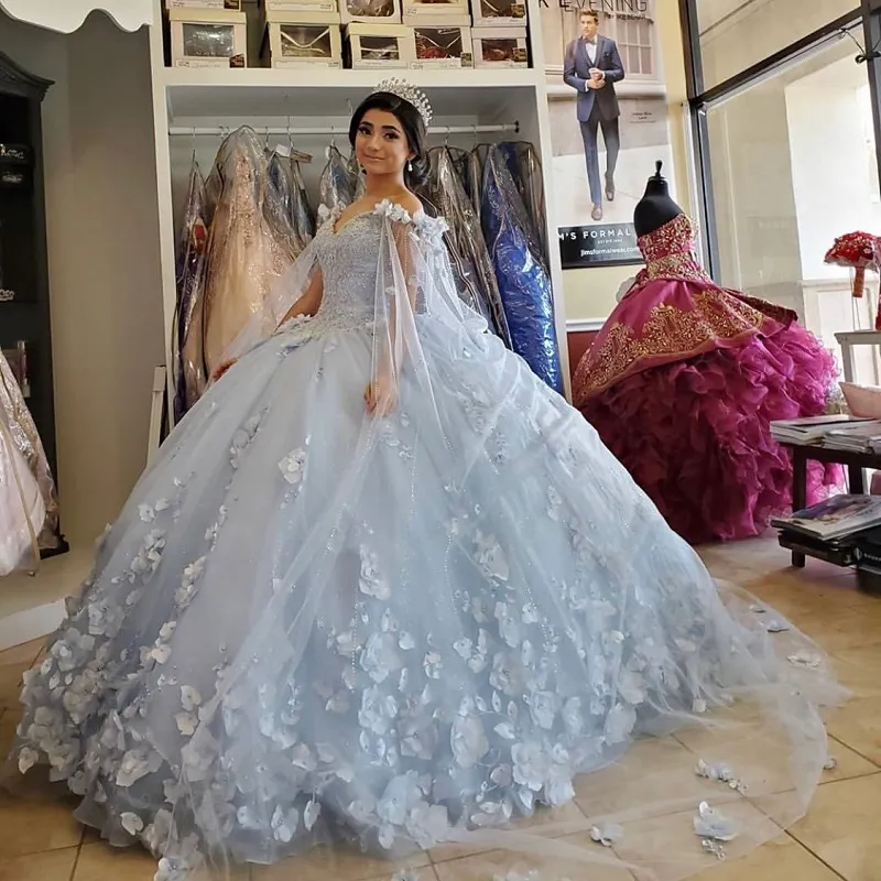 Abiti Quinceanera Elegante soffio gonfio azzurro innamorato 3d Fiori di cristallo perle per perle da sfera con taglio plus size 16 debuttante feste di compleanno vestidos de 15 anos 34