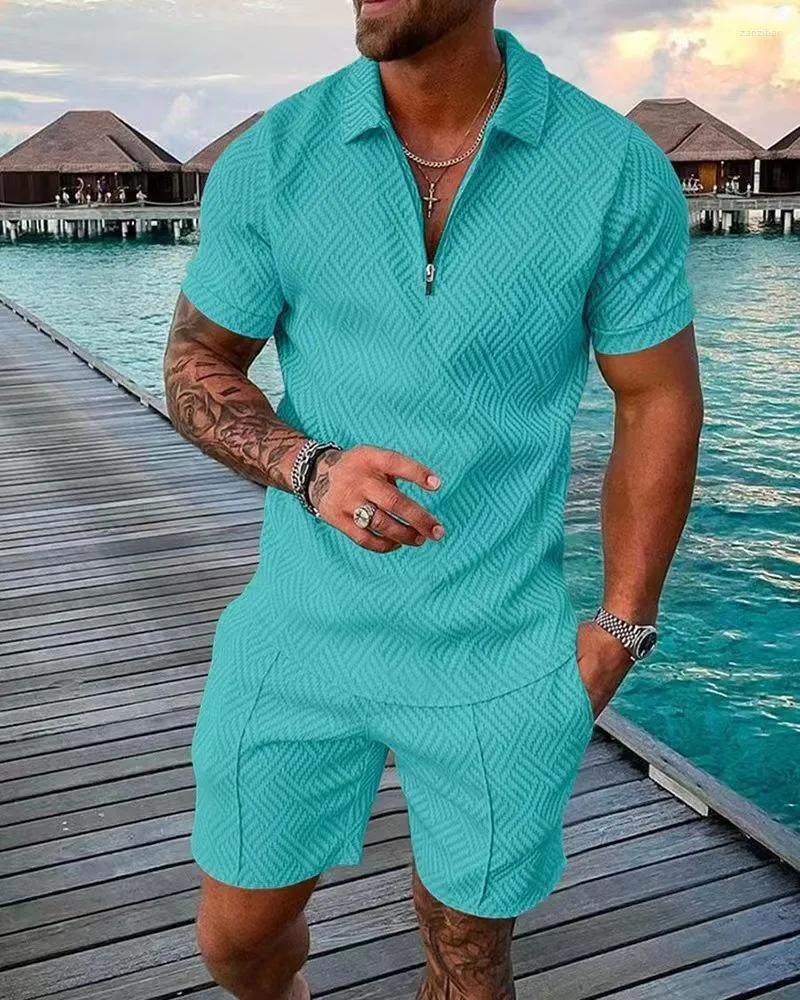 Survêtements pour hommes Solid High Set Shirt Color Polo pour hommes Summer Quality Sport Jogging Zipper Short Sleeve Sportswear Deux pièces Swear