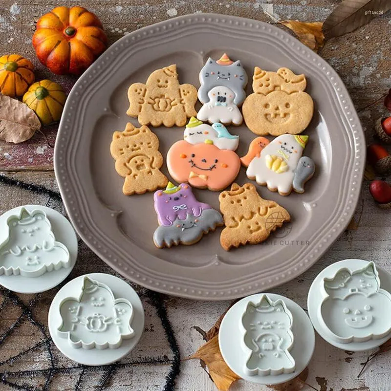 Bakformar 4st/set halloween form cookie mögel pumpa bat spöke mönster handtryck 3d tecknad diy verktyg dekorera