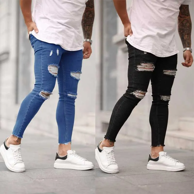 Dżinsy męskie seksowne rozryte szczupłe spodnie ołówkowe sprężyste dziurę modę cienkie chude męskie spodnie hip-hopowe ubrania ubrania Y2303
