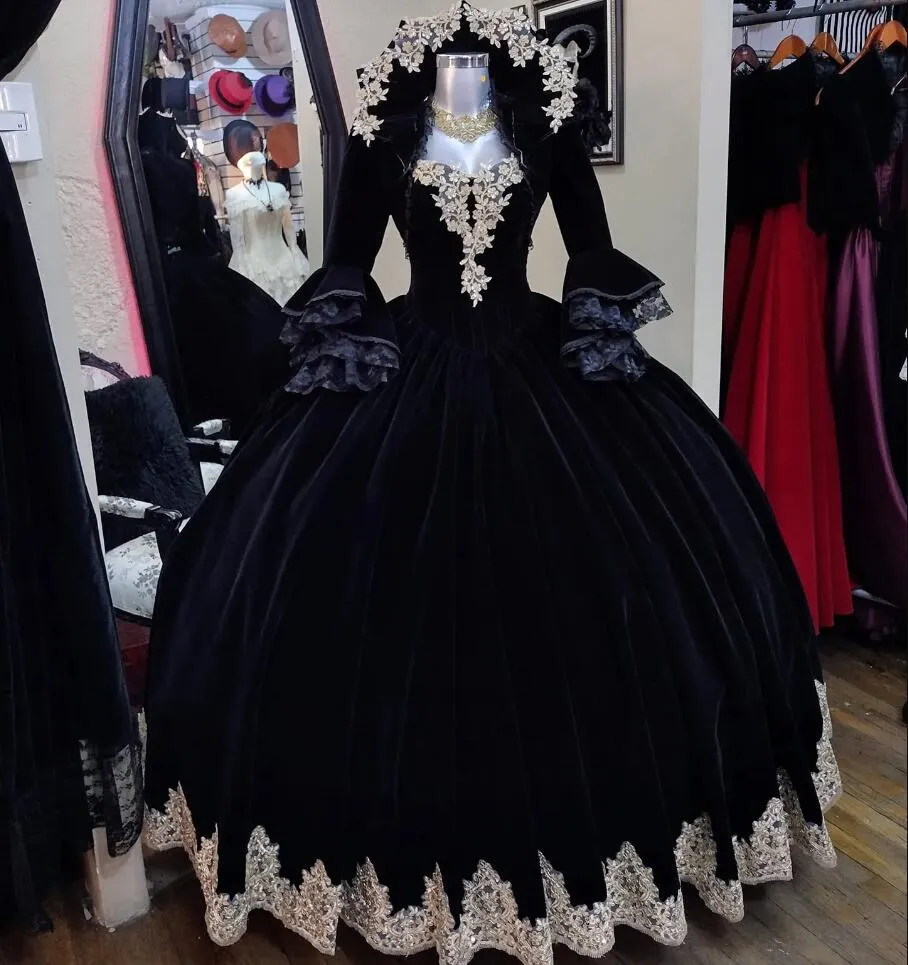 Black Velvet Victorian Gothic Prom Dresses with Long Sleeve Jacket Lace-up Corset Cosplay Witch Steampunk Vampire Evening Gown