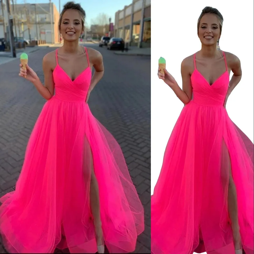 2023 Prom Dresses V Neck Hot Pink Tulle Spaghetti Straps Long Tulle Formal Evening Party Gown Sexy Side Split Graduation Dresses A Line