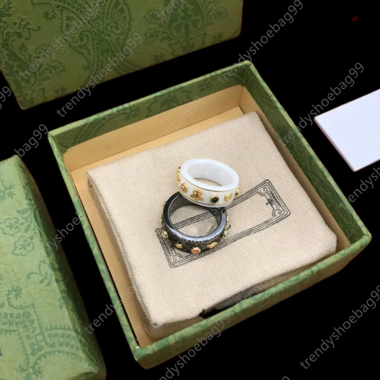 Charm Lover Rings Anillo de diseño de doble letra de diamante de color cerámico para mujer Aniversario Joyería de boda Tamaño 5-9