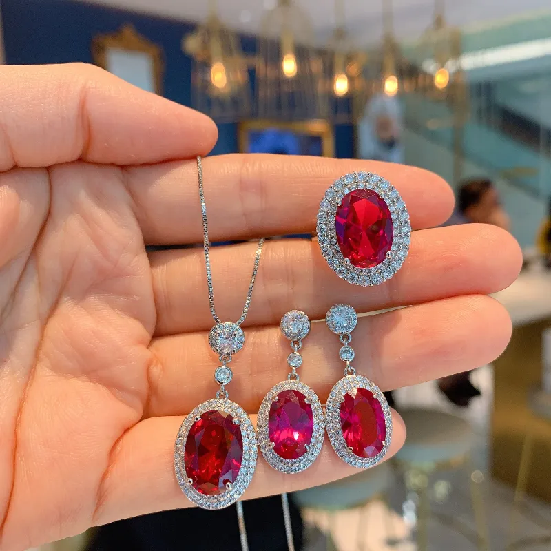 Ensemble de bijoux en diamant rubis ovale fait à la main 925 bagues de fiançailles en argent Sterling boucles d'oreilles collier pour femmes bijoux de promesse