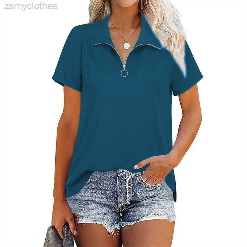 Women's T-Shirt Fashion Threaded Lapel Zipper Splicing Tops Female Spring Summer Short Sleeve T-Shirt Women Solid Color Loose Urban Casual Tees