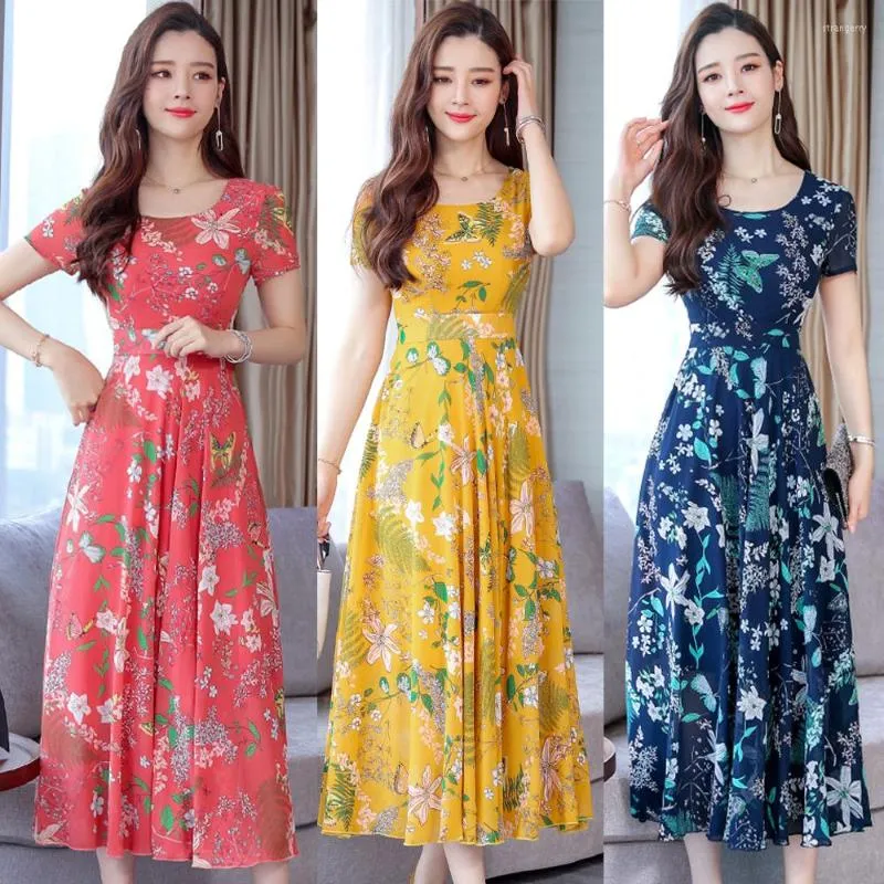 Sukienki imprezowe 2023 Kobiety o nokeck kwiatowy nadruk długa sukienka Summer Casual krótkie rękawy Maxi