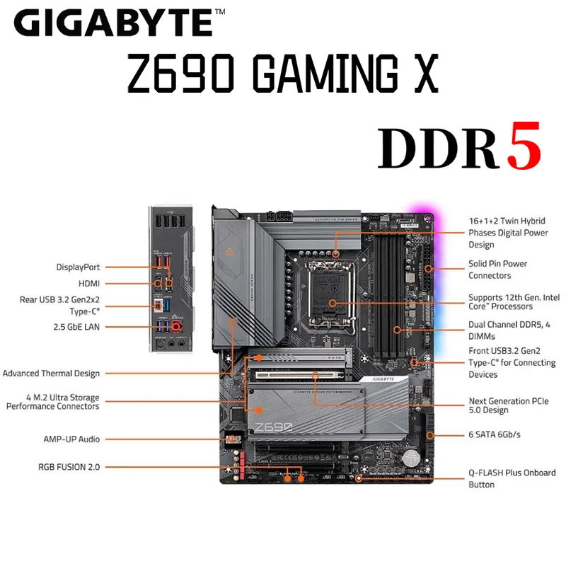 Gigabyte Z690 Gaming x D5 Поддержка материнской платы Mother плата Intel 12th Gen Cpu CPU DDR5 6000 МГц 128 ГБ NVME PCIE 4.0 M.2 ATX Placa Me New