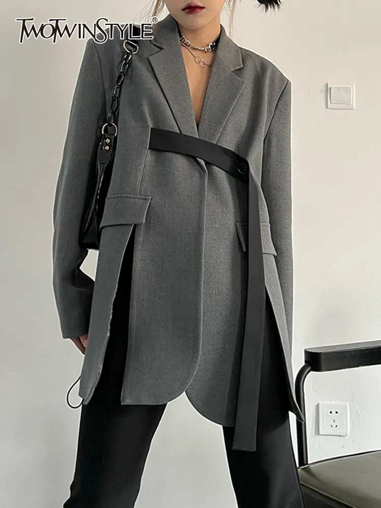Women's Suits Blazers TWOTWINSTYLE Side Split Black Blazer For Women Notched Collar Long Sleeve Solid Minimalist Blazers Female Spring Clothes Fashion 230310