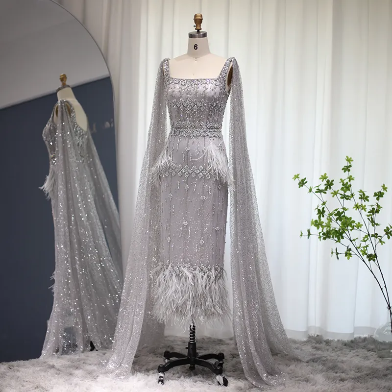 Robes de soirée Sharon Said luxe plume cristal Dubai robe de soirée avec Cape Bling gris sirène arabe robes formelles pour les femmes de mariage S279 230310