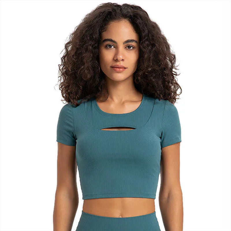 Lu Lu dessus de Yoga creux rayé côtes Sexy court sport T-shirt femmes mince respirant course Fitness chemise de sport