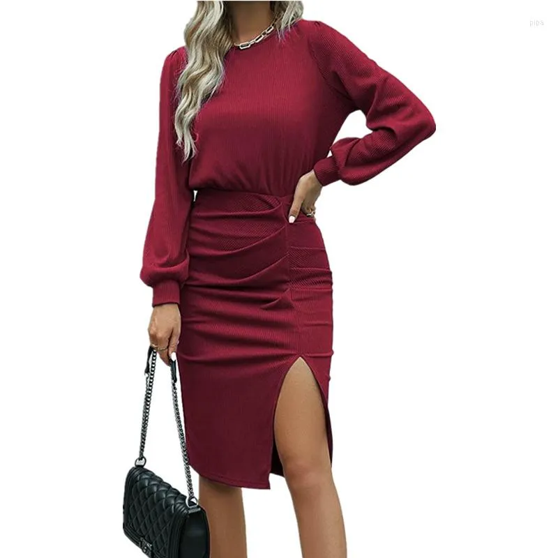 Robes décontractées Wepbel Robe Moulante Femmes Fil Taille Ajustée Lanterne Manches Longues Tricoté Fente Gaine Solide Couleur Midi