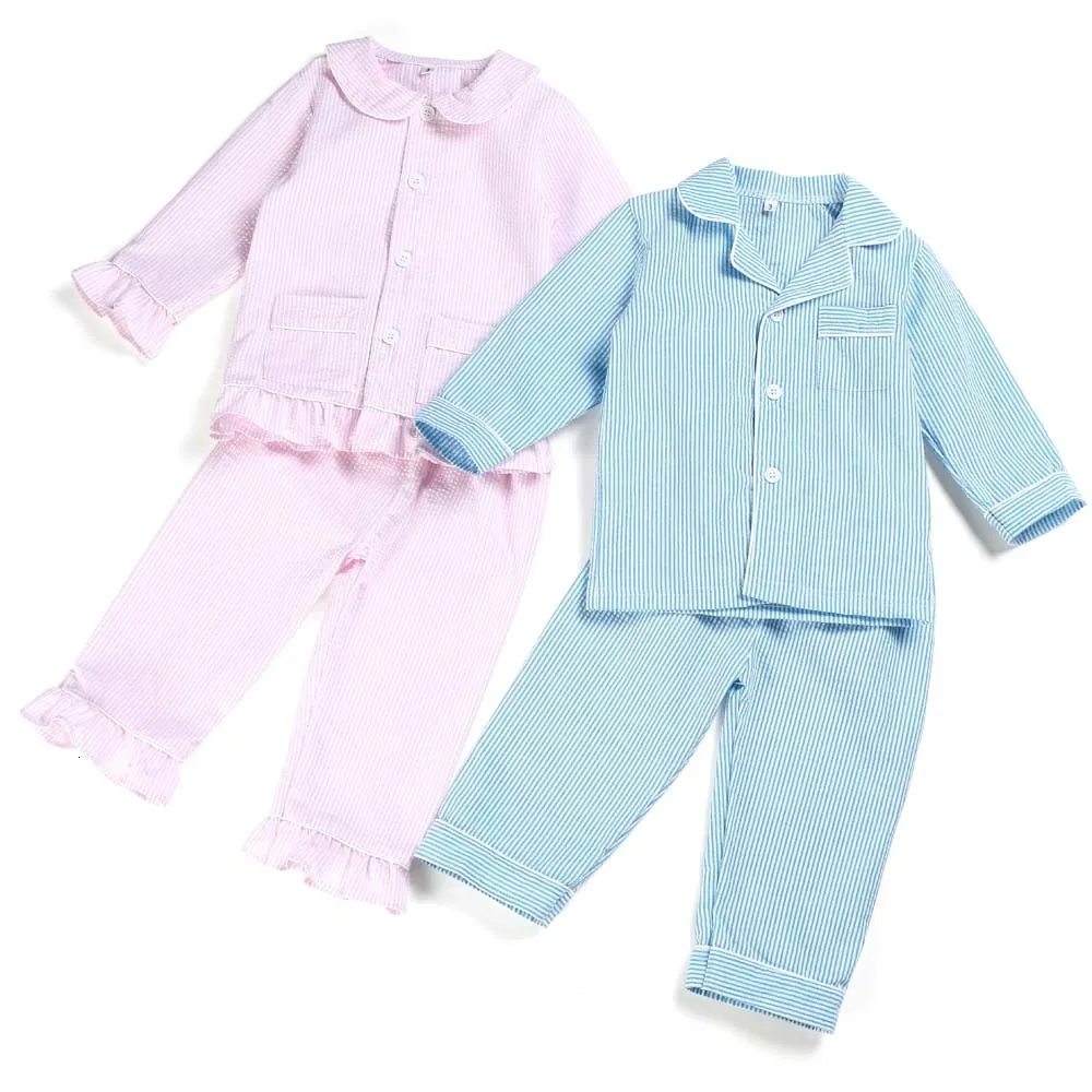 Pajamas 100% cotton spring and summer seersucker kids pajamas long sleeve stripe boutique home sleepwear 12m-12years 230310