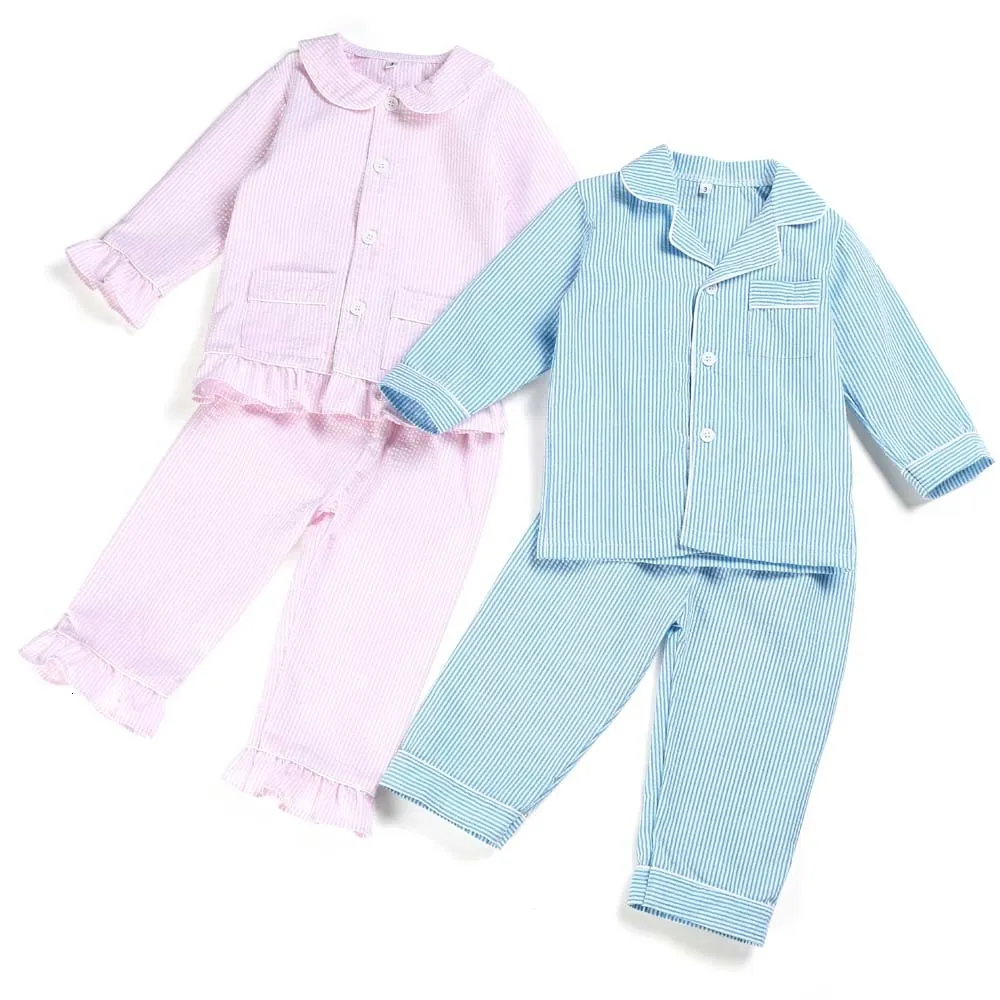 Pyjama's 100% katoenen lente en zomer seersucker kinderen pyjama's lange mouw streep boetiek boetiek huis slaapkleding 12m-12 jaar 230310