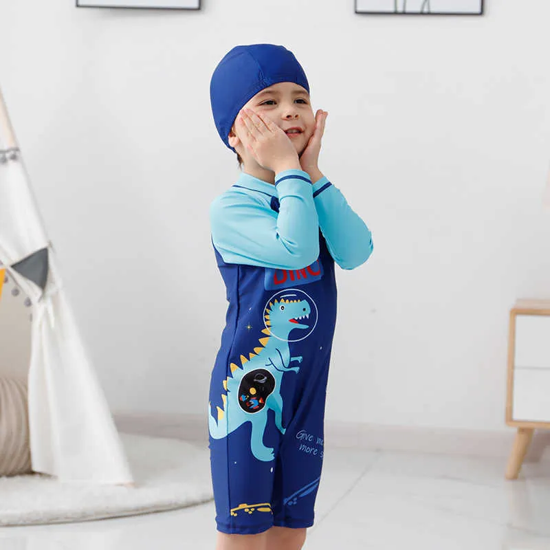 Одноказки 2-8 Y One Piece Boy Swimsuit с шляпой Новый динозавр для печати солнцезащитный крем для серфинга Детский купальный бикини детская пляжная одежда