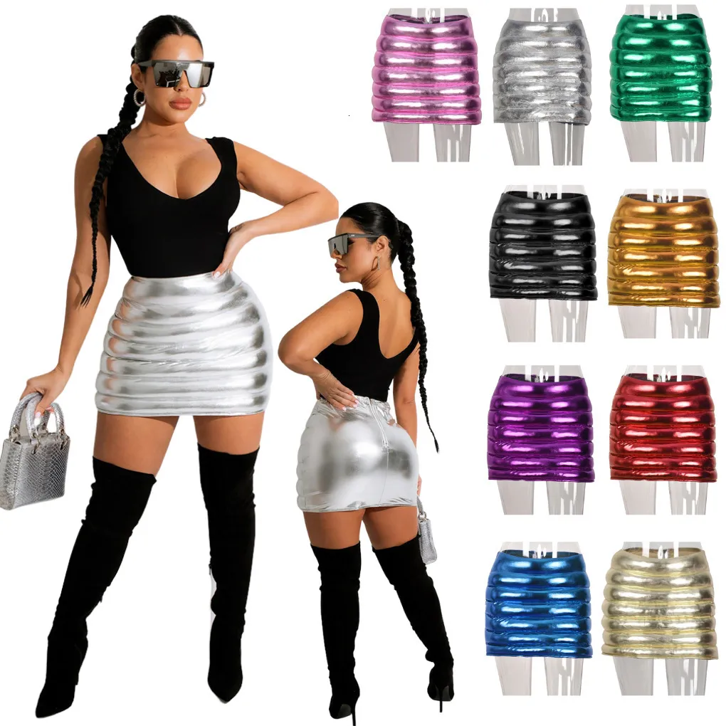 Skirt Shiny Silver Bubble Mini Puffer Solid Color Night Club Sexy Zipper Warm Cotton Y2k For 230309