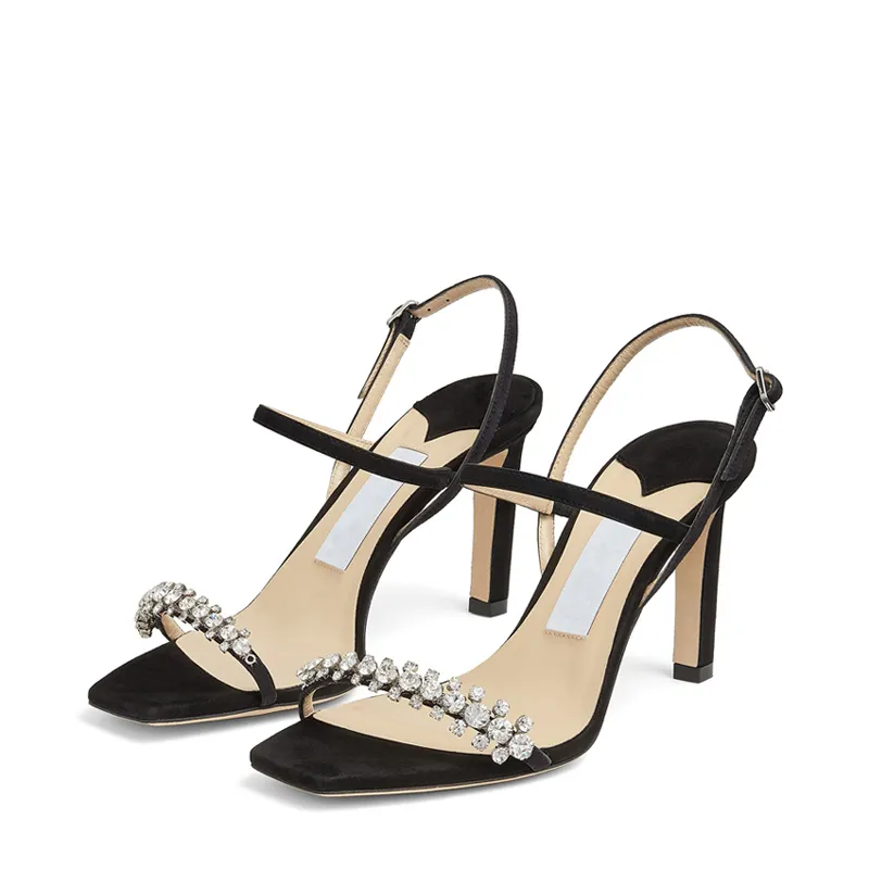 Moda Mujer Sandalias de verano Bombas MEIRA 85 mm Italia Negro Cuero blanco Dedos en punta Slingback Tobillo doble Sandalias con adornos de cristal Caja de tacones altos gruesos EU 35-42