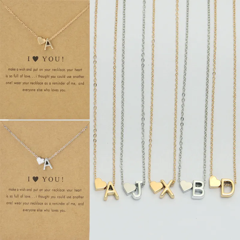 Bulkprijs liefde 26 letters hanger kettingen dames perzik hoor gouden zilveren sleutelbeen ketting ketting met gif -kaart