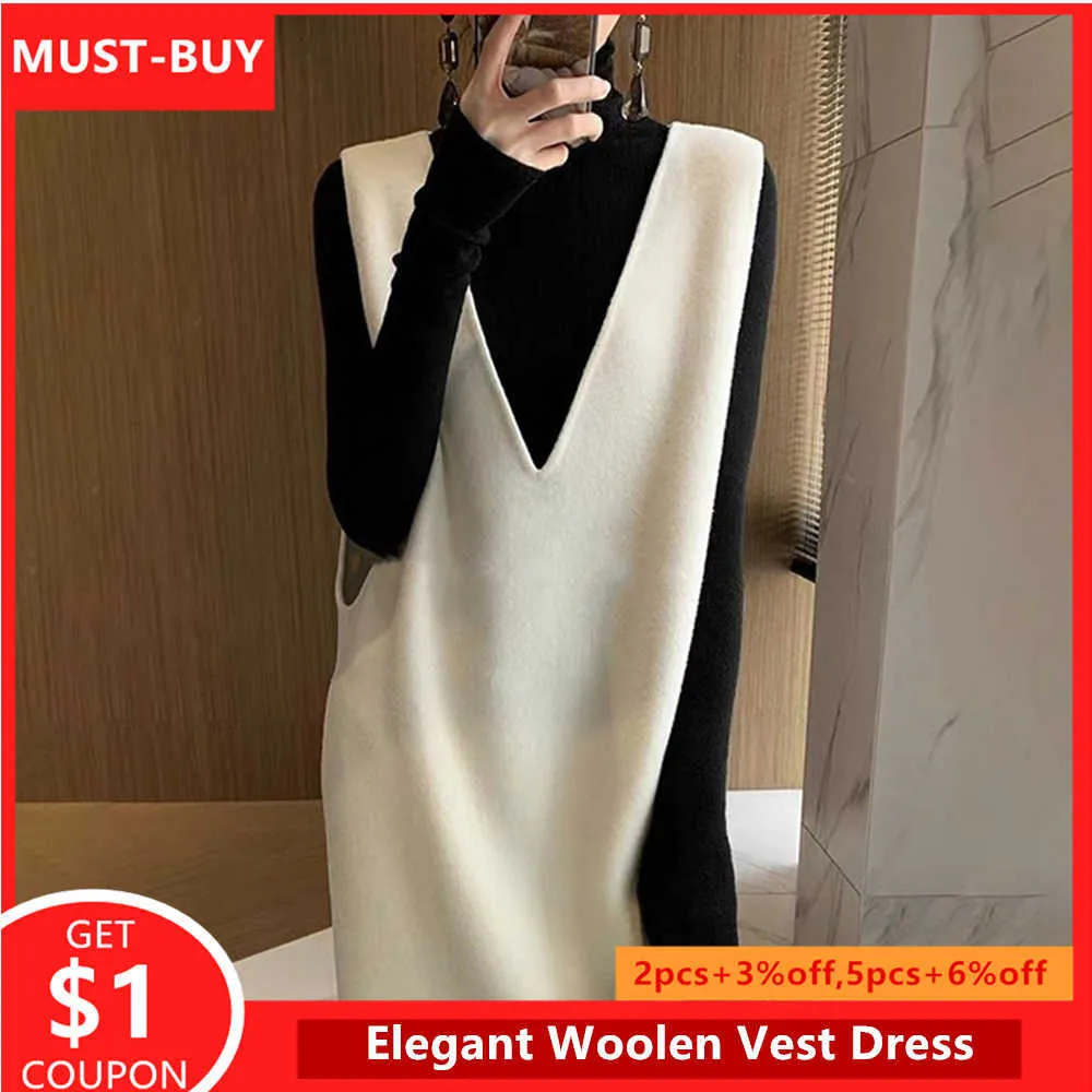 Casual Kleider Herbst Koreanische Stil Damen Winter V-ausschnitt Pullover Ärmellose Lange Strickkleid Frauen Lose Weste Wolle Fleece Tasche Elegante y2302