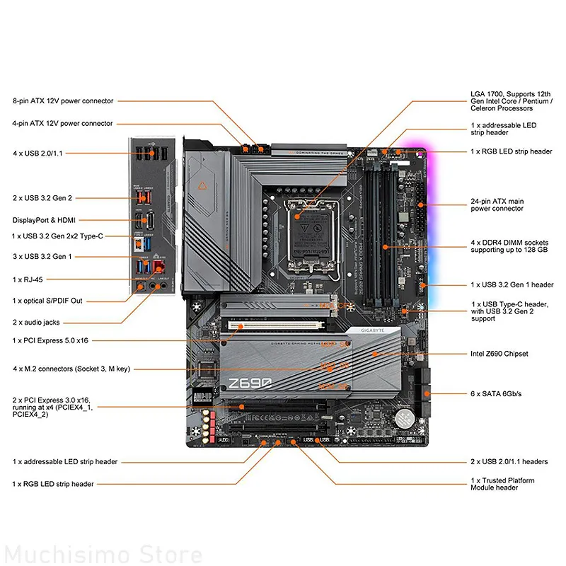 LGA 1700 Материнская плата DDR4 Gigabyte Z690 Gaming x DDR4 Intel Z690 Mainboard 128 ГБ PCI-E 5,0 M.2 Поддержка 12-го поколения Intel Процессор