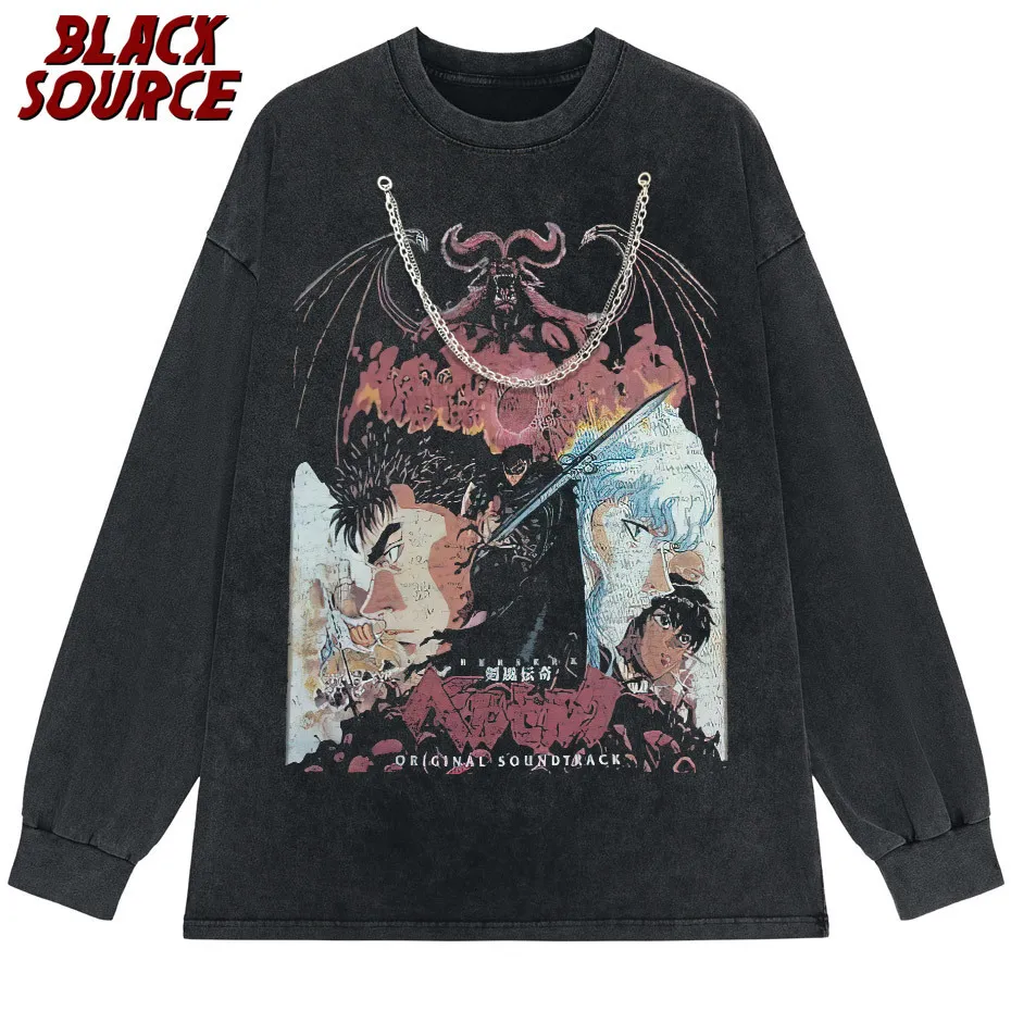 Mens Tshirts Black Source Kenpuu Denki Berserk Anime Manga Vintage Wash Unisex Tshirt 230310