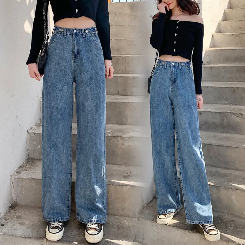 Women's Jeans Women's Jeans Street High Waist Pants Light Color Cotton Korean Fashion Loose Jeans Metal Buckle Wide Leg Y2k Female Jeans 230310