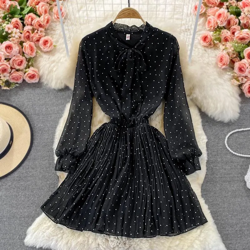 Casual Dresses Autumn Korean version Sweet Bow Temperament Wave Point Chiffon Wood Ear Edge Pleated Dress