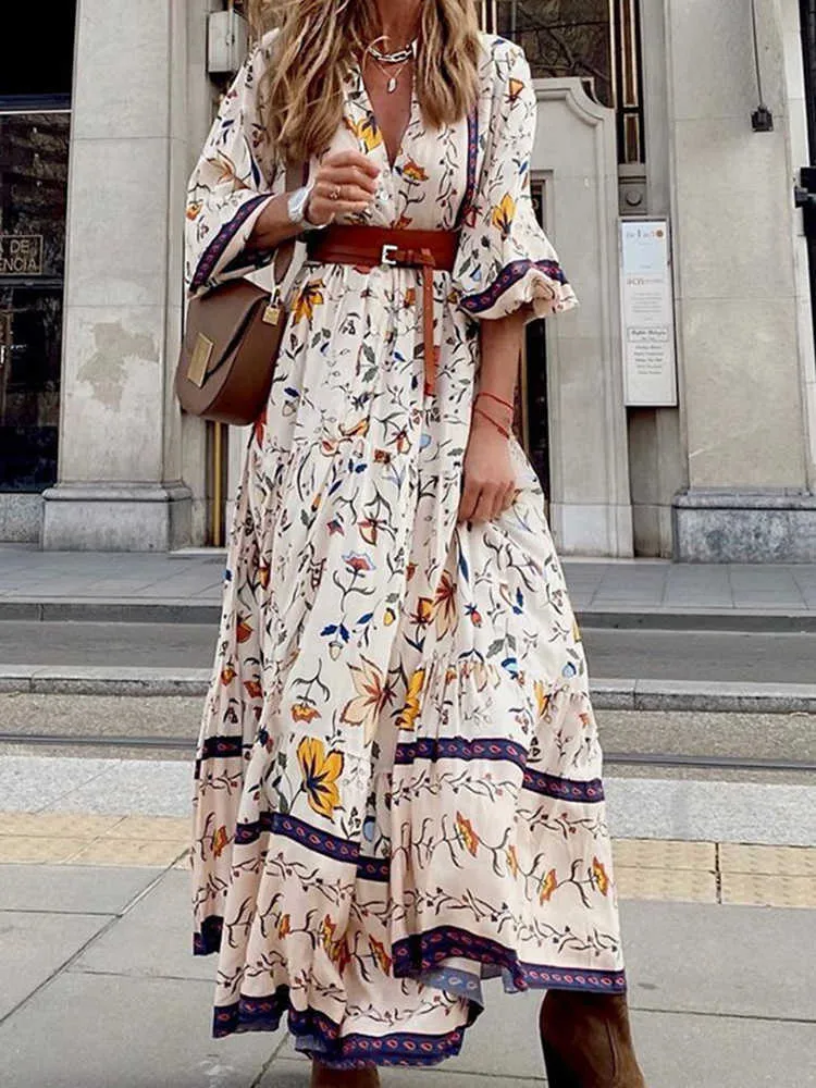 Casual Dresses Floral Print Long Dress Women Puff Sleeve Boho Maxi Dress Summer Loose Holiday Beach Dress Kvinnlig Ruffled midjeklänning Vestidos G230311