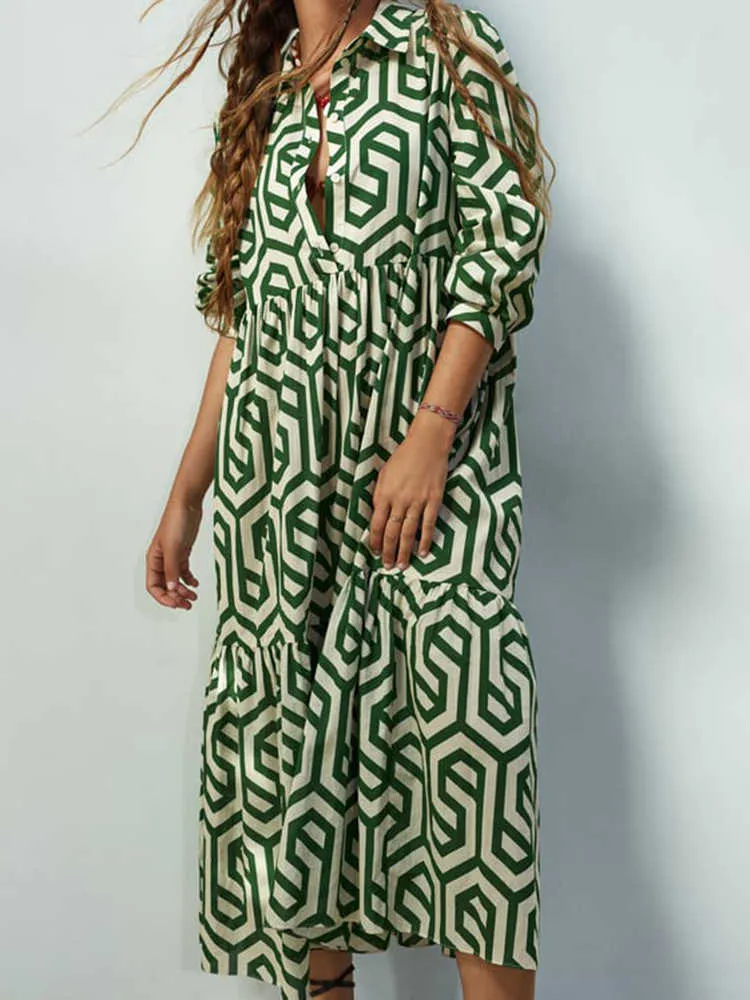 Повседневные платья геометрические платья для печати женщины Boho Long Dress Summer Casual Holiday Beach Press Женская платья с длинным рукавом Fashion Vestidos G230311