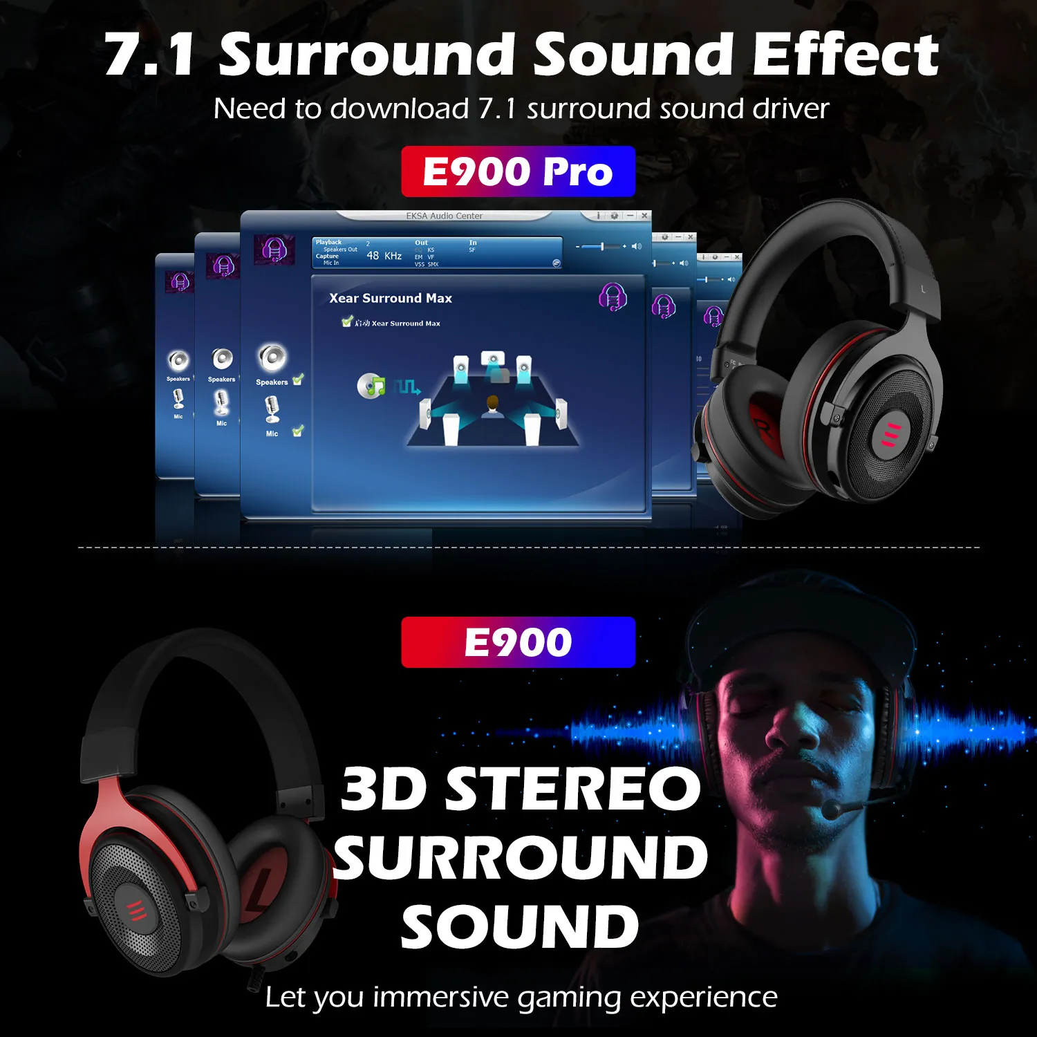 Gamer Headset 7.1 Surround Sound Gaming Headphon E900 PRO Kabelgebundene Spielkopfhörer für PC/Xbox/PS4 mit Mikrofon mit Geräuschunterdrückung