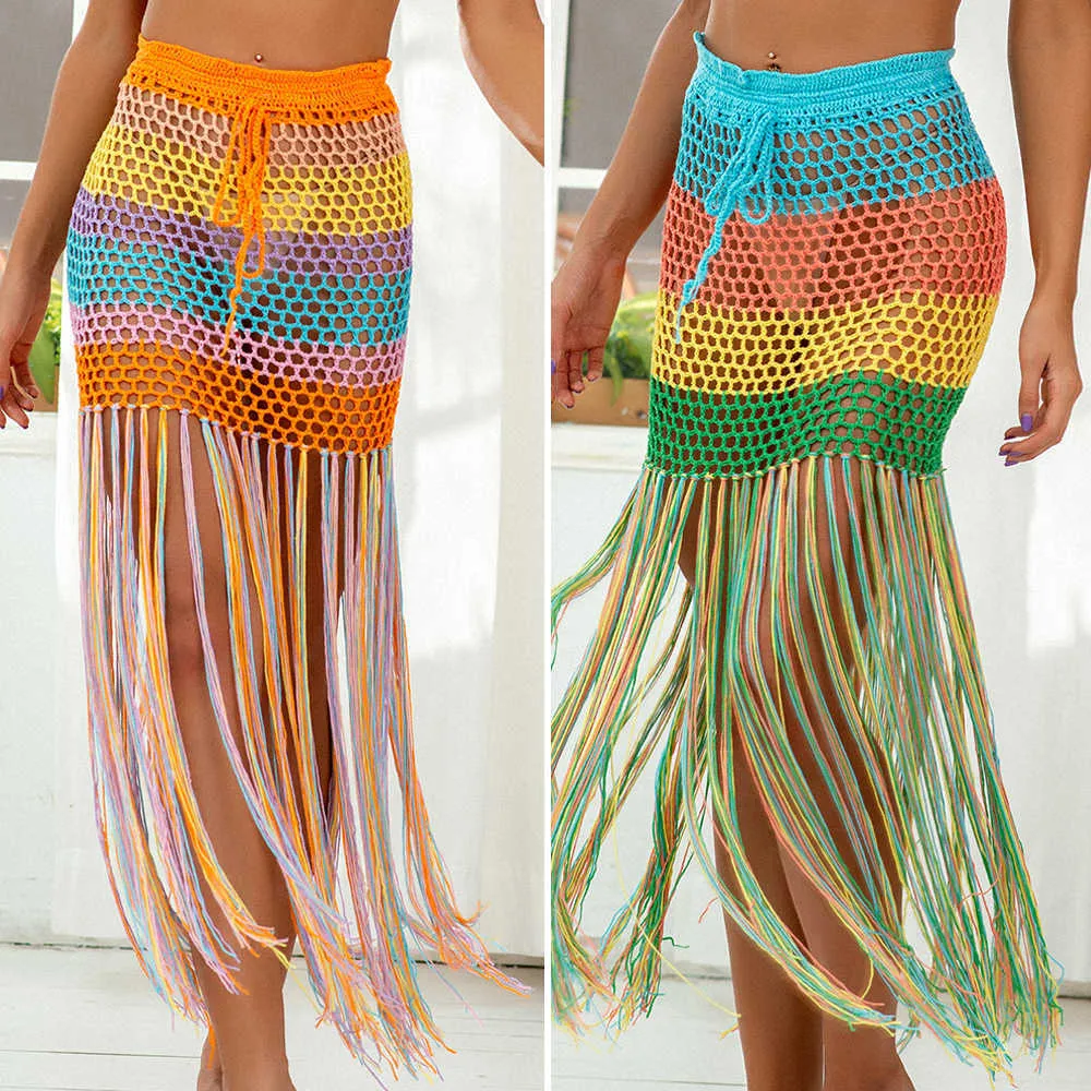 Women's Swimwear Beach Cover-Up Fashion Tunic Lunic Suits Suits Crocheted Rainbow Print Hollow Out Fringe Bikini Skirt Dress Y230311