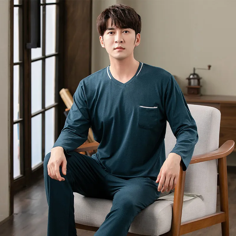 Mäns Sleepwear Men's V-ringning Bomull Pyjamas Set Autumn Long-Sleeve Tops Long Pants Nightwear Home Wear Surs Simple Mode Sleepwear For Man 230311