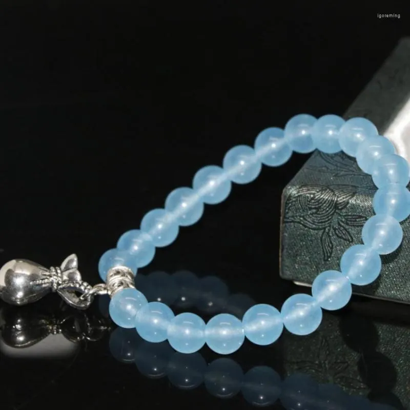 Strand Varış Özel Tasarım Açık Mavi Taş Jades Chalcedony Yuvarlak Boncuklar 8mm Elastik Bilezik Takı 7.5inch B2023